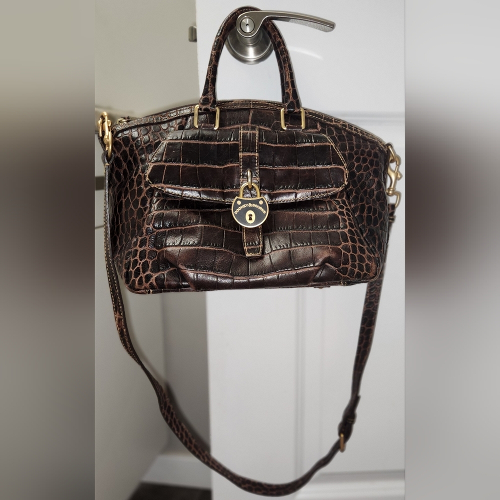Dooney & Bourke Croc-Embossed Genuine Leather Satchel Handbag Bag in Dark Brown